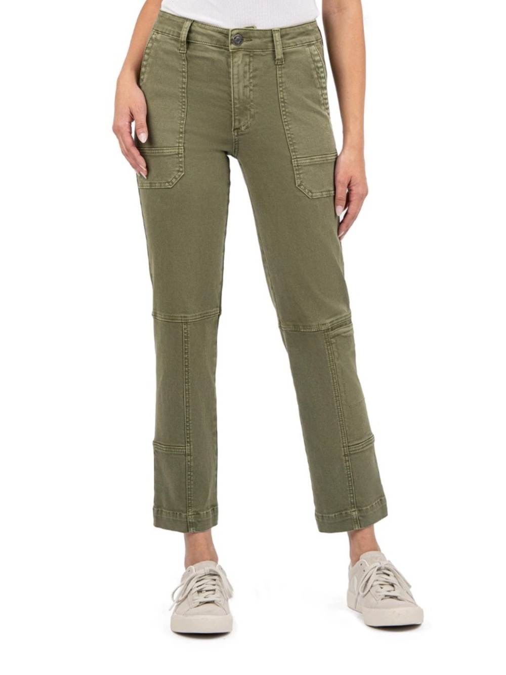 KUT FROM THE KLOTH Elizabeth Hi Rise Straight Leg Pork Chop Pockets Olive Sz 4